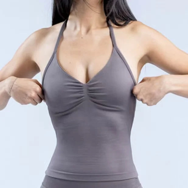 New Impact Sports Yoga Vest - Women's Backless Fitness Top, Built-in Bra with Cups, Scrunch Gym Clothes for Workout