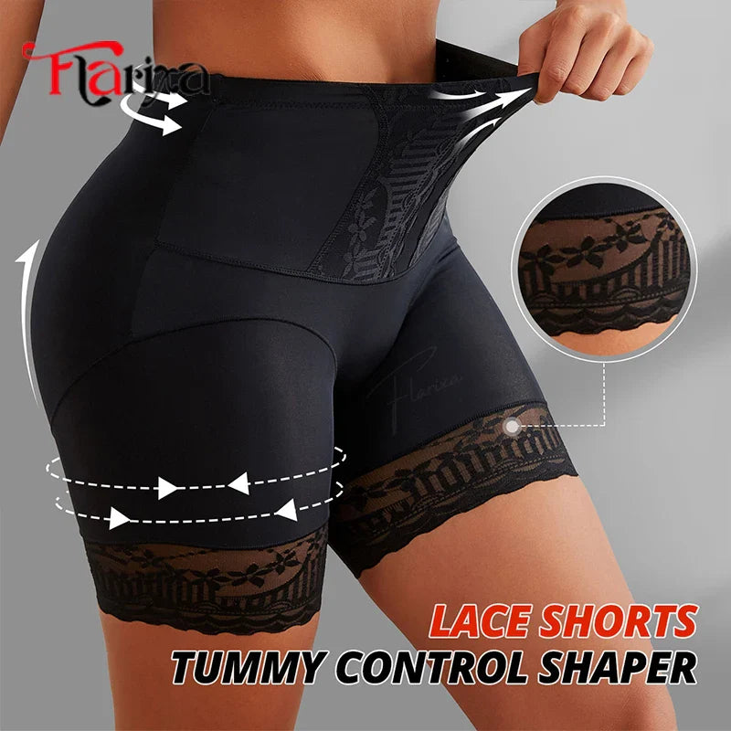 Flarixa High Waist Lace Safety Shorts – Women’s Belly Compression Shapewear Anti-Chafing Thigh Boxer Shorts