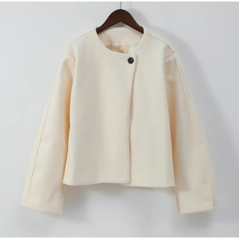 2024 Women's Elegant Solid Wool Blend Cardigan Coat – Round Neck, Single Button, Long Sleeve High Street Outwear