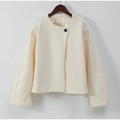 2024 Women's Elegant Solid Wool Blend Cardigan Coat – Round Neck, Single Button, Long Sleeve High Street Outwear