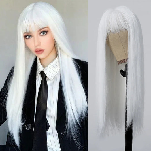 LOUIS FERRE Straight White Synthetic Wig – Long Natural Hair Wig with Bangs, Heat Resistant, Daily Wear for White Women