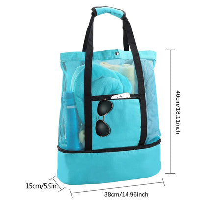 Women's Double-Layer Mesh Picnic Beach Bag: Transparent, High-Capacity Heat Preservation Swim Storage Tote - Waterproof Shopping Bags