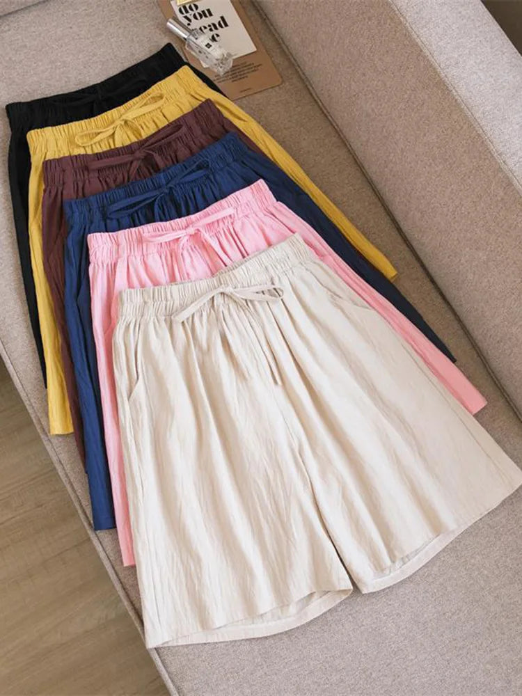 Women's Cotton High Waist Shorts - Soft Casual Summer Loose Fit Shorts with Pockets