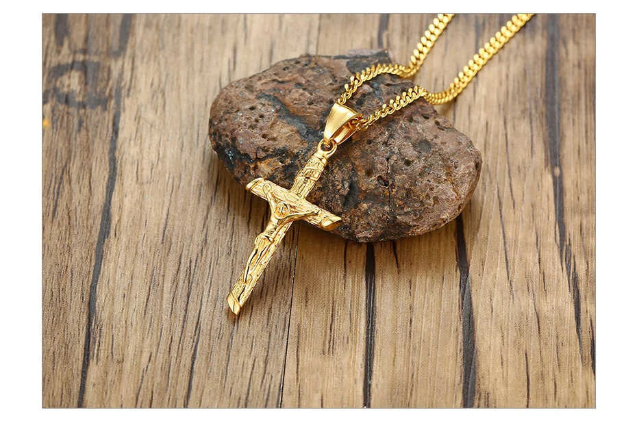 Vnox Cross Necklace for Men & Women – Gold Stainless Steel Jesus Pendant, Catholic Faith Jewelry for Church Prayer