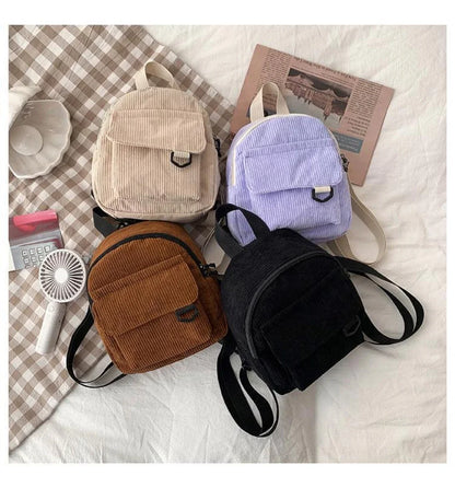 Women's Mini Backpack - Fashionable Solid Color Corduroy Casual Schoolbag with Large Capacity
