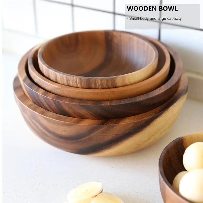 Natural Wooden Kitchen Bowl – Household Fruit & Salad Bowl with Wooden Utensils for Home & Restaurant