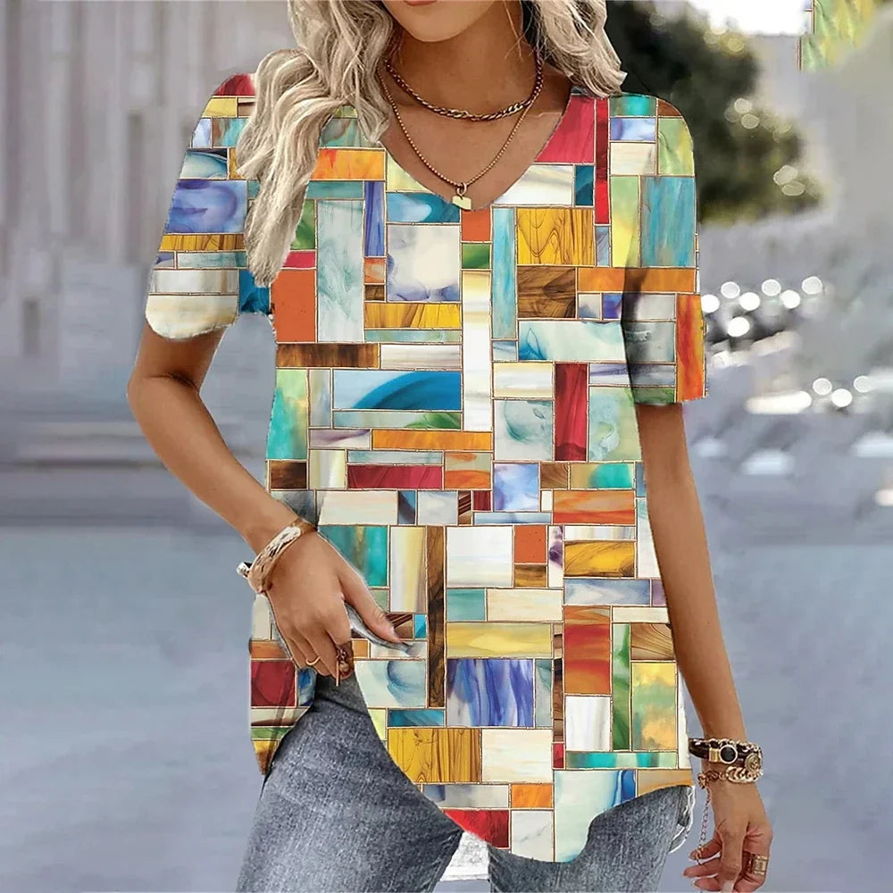 Women's 3D Flower Print V-Neck T-Shirt - Oversized Kawaii Summer Casual Blouse Top Fashion Clothing