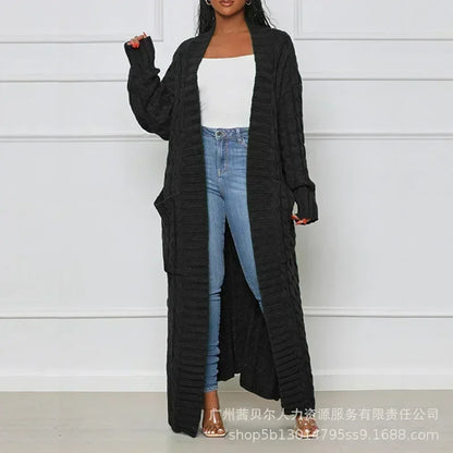 Open Front Cable Knit Longline Cardigan for Women – Long Sleeve, Loose Fit, Casual Fashion Knitwear, Solid Color