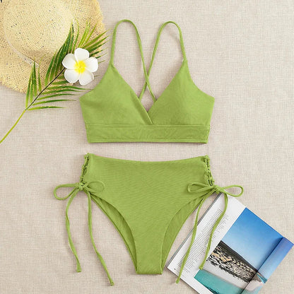 Cikini V-Neck Split Bikini Set – Sexy Lace-Up Triangular Solid Color Swimwear for Women