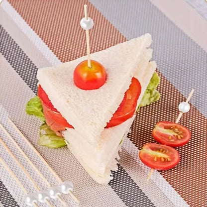 100PCS Gold, Silver & White Pearl Bamboo Skewers – Fruit, Dessert, Cocktail, Party, and Buffet Toothpicks