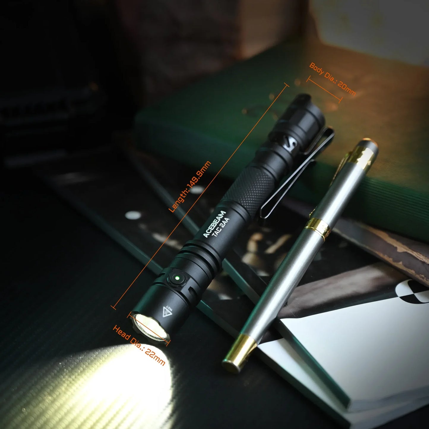 ACEBEAM TAC 2AA LED Flashlight — 1600 Lumen Portable EDC Torch, 181m Beam, USB-C Rechargeable with Dual Buttons