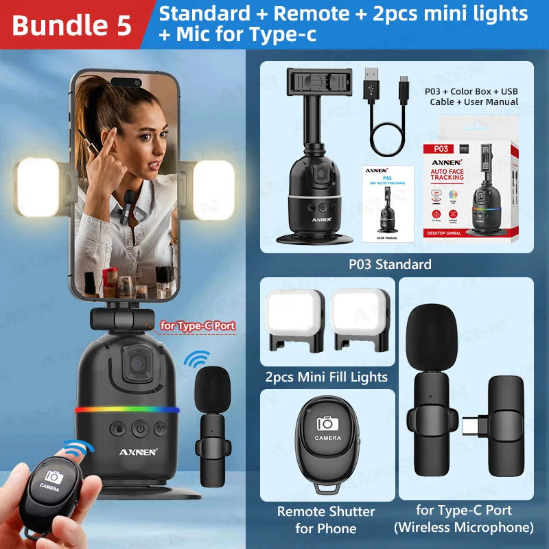 Smart Auto Face Tracking AI Gimbal – 360° Desktop Vlog Stabilizer for Smartphone & Action Camera (Tripod Optional)