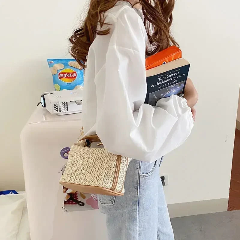 Summer Small Straw Handbag — Trendy Woven Bucket Crossbody Shoulder Bag, Casual Beach Tote for Girls