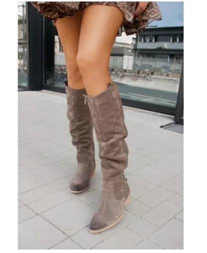 Women’s Thigh-High Suede Boots – Low Heel Side-Zip Knee-High Booties, Retro Autumn Winter Size 43