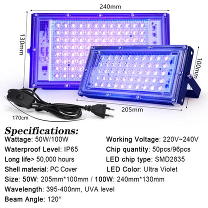 395nm-400nm LED UV Floodlight — 50W/100W 220V Waterproof Ultraviolet Stage Blacklight for Disco & Party