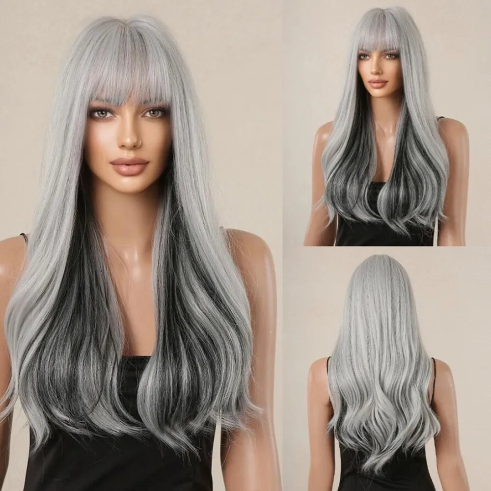 Ombre Honey Brown Long Synthetic Wig with Bangs — Wavy, Realistic, Soft, Heat-Resistant Hair for Daily & Party