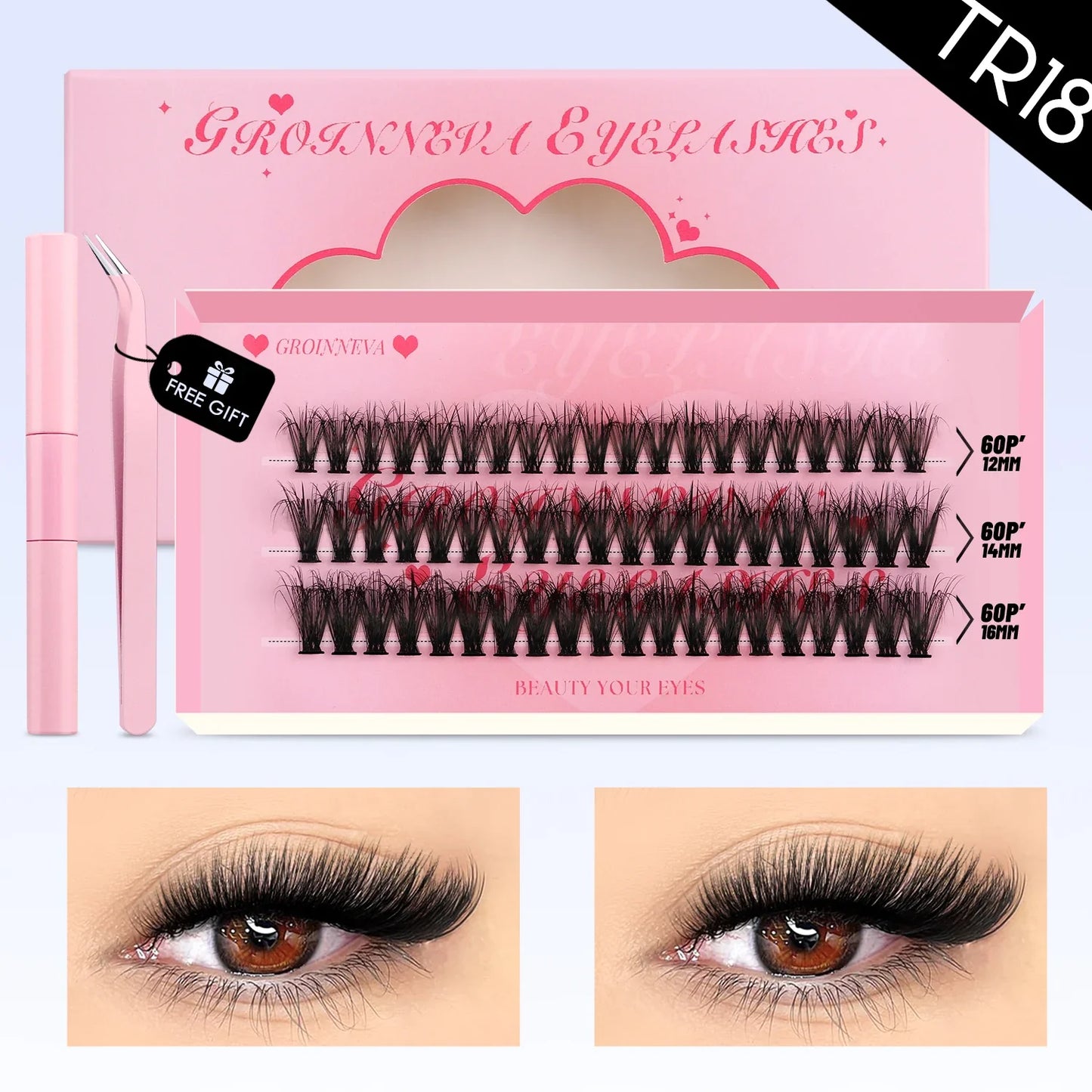 GROINNEYA DIY Mixed Lash Clusters Set – Fluffy Individual Lash Extensions Kit with Bond & Seal for At-Home Makeup