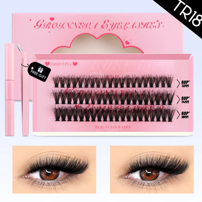 GROINNEYA DIY Mixed Lash Clusters Set – Fluffy Individual Lash Extensions Kit with Bond & Seal for At-Home Makeup