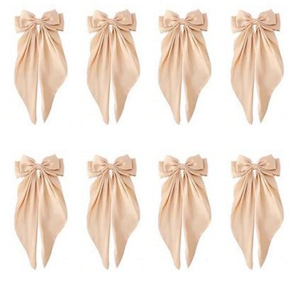 8 Ladies Satin Ribbon Bow Hair Clips – Oversized White, Pink, Red, Blue, Black Long Tail, Spring Clip for Ponytail Hair Accessories