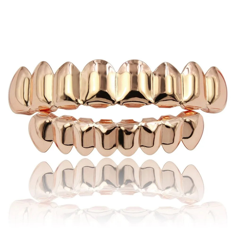 Glossy Teeth Grillz Set - Top & Bottom Anti-Slip Copper Dental Caps Gold Silver Halloween Jewelry Accessory