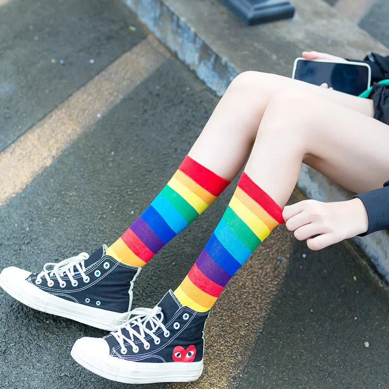 Rainbow Striped Women’s Socks — Elastic Long Sporty Retro Harajuku Meias, New Arrival