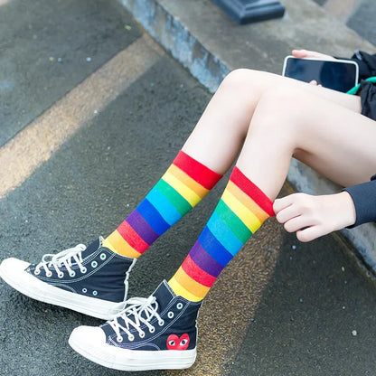 Rainbow Striped Women’s Socks — Elastic Long Sporty Retro Harajuku Meias, New Arrival