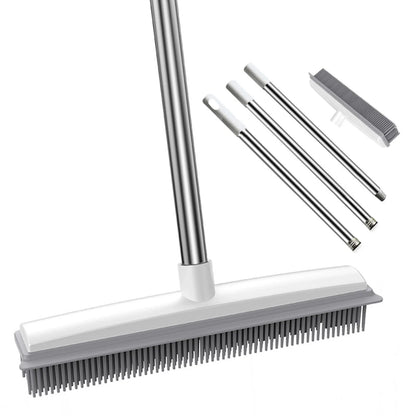 Long Handle Rubber Broom: Pet Hair Remover with Squeegee - Ideal for Fluff Carpet and Hardwood Floors, No Scratch Guarantee