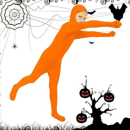 Halloween Orange Jumpsuit Costume - Yellow Moustache Cosplay Bodysuit for Kids & Adults