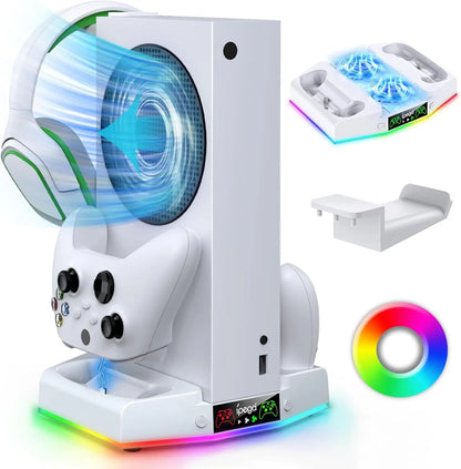 IPEGA Cooling Fan Stand for Xbox Series S – Controller Charging Dock with 15 RGB Lights, Headset Hook, and Charging Station