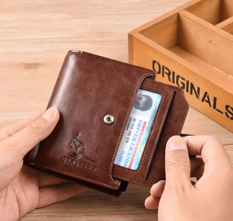 Luxury Leather Men’s Short Wallet – RFID Card Holder with Zipper Coin Purse Portable Billfold