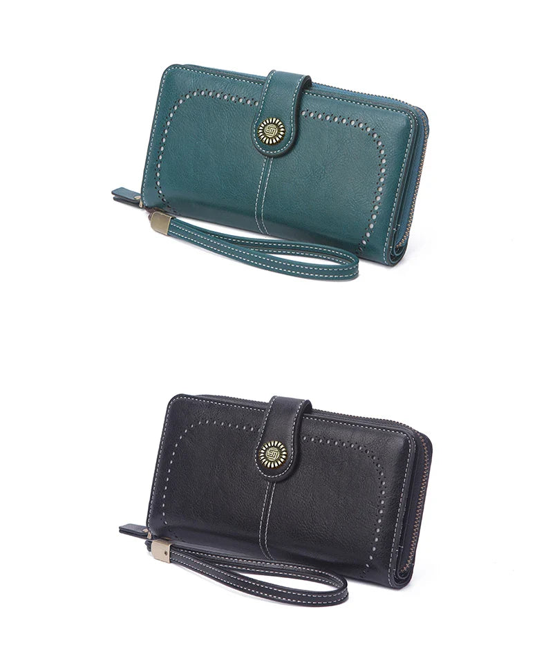 Vintage Large Capacity Women's Purse – Monochromatic Multi-Card Long Wallet with Zipper & Wrist Strap