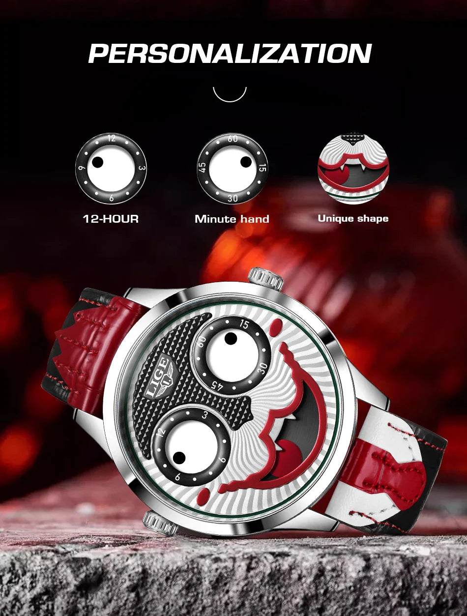 LIGE 2025 Men’s Creative Clown Quartz Watch – Waterproof Leather Strap Joker Fashion Wristwatch