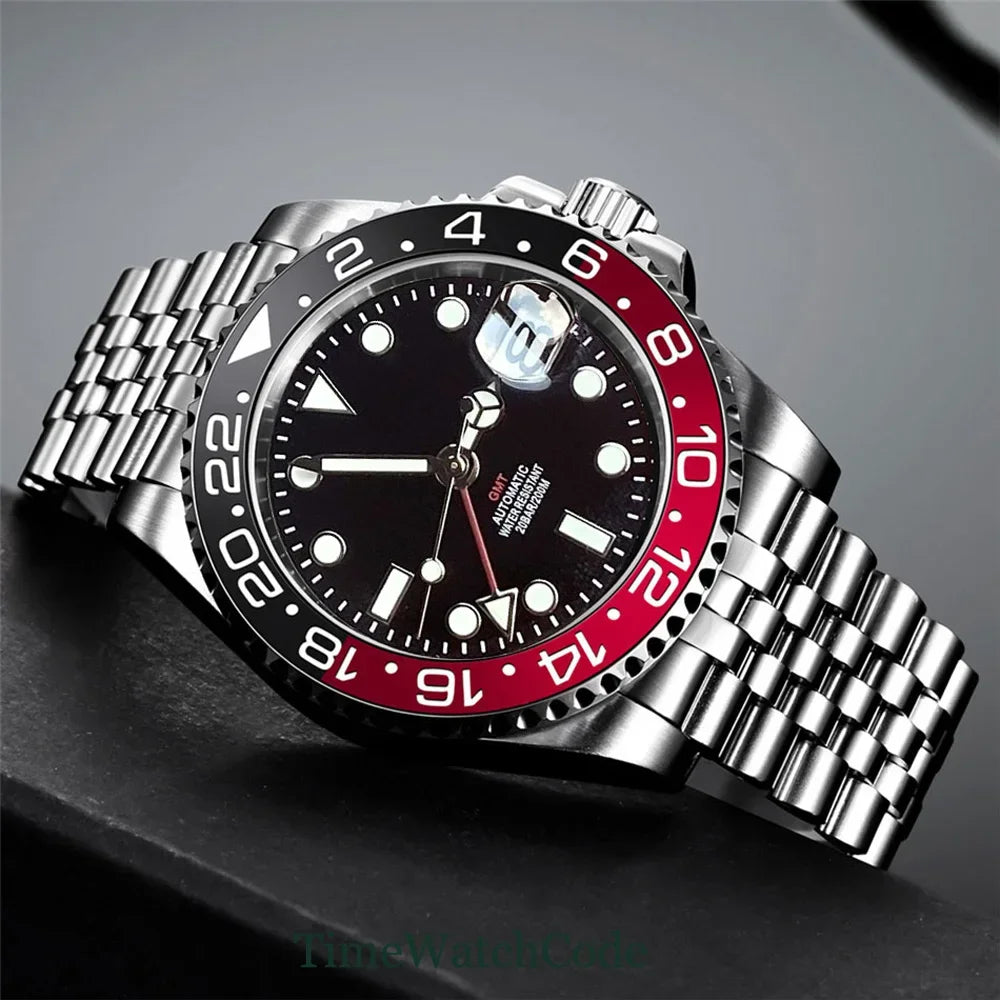 Tandorio 40mm Men’s Automatic Watch – NH34A Movement, GMT Function, Luminous Black Dial, Sapphire Crystal, Auto Date & Rotating Bezel