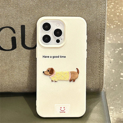 Cute Cartoon Dachshund iPhone Case – Litchi Texture Cover for iPhone 11–17 Pro/Pro Max/Plus/XS Max/XR