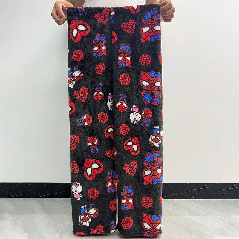 Hello Kitty Spider-Man Cotton Velvet Pajamas - Loose Long Pants, Cartoon Sleepwear for Women and Men, Casual Wear