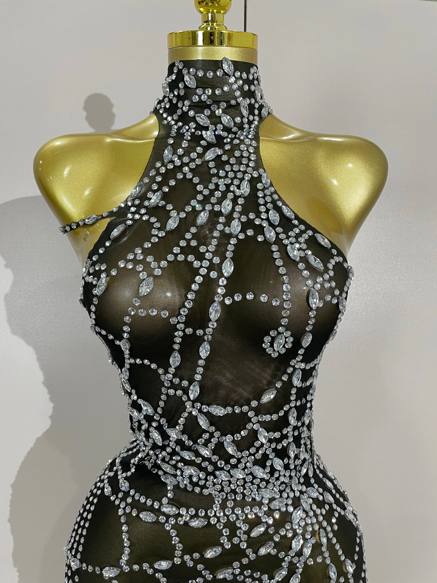 Sparkly Diamond Mesh Asymmetric Bodycon Mini Dress — Sexy Women Nightclub Party Gogo Dancer Stage Costume