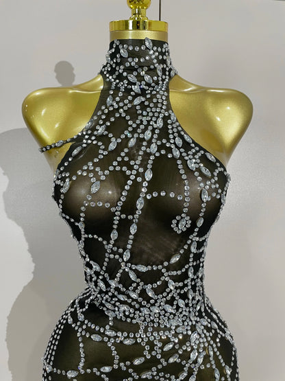 Sparkly Diamond Mesh Asymmetric Bodycon Mini Dress — Sexy Women Nightclub Party Gogo Dancer Stage Costume