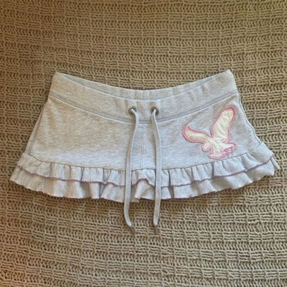 Y2K Aesthetic Letter Print Mini Skirt - Women’s Harajuku Drawstring Ruffle Grunge Streetwear Fashion