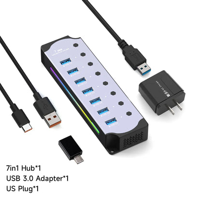 10-in-1 USB 3.0 Powered Hub — RGB E-Marker with Individual Switches & Heat Dissipation, DC 5V Adapter