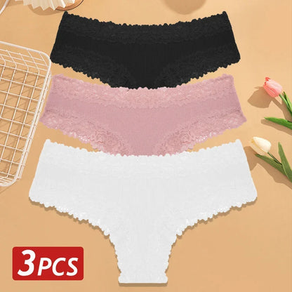 3PCS Women’s Cotton Lace Panties Set - Low Waist Brazilian Bikini Underwear Soft Floral Lingerie T-Back Style