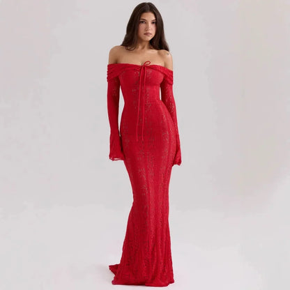 Suninheart White Off-Shoulder Bodycon Dress – 2025 Elegant Lace Long Sleeve Maxi Dress for Women, Wedding Guest Outfit