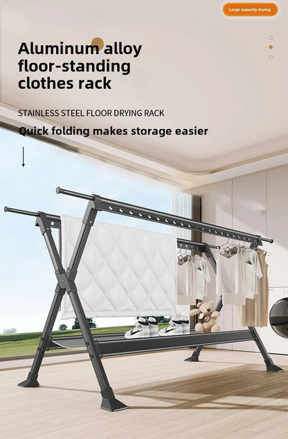 Floor-to-Ceiling Aluminum Drying Rack — Foldable Outdoor & Indoor Clothes Organizer for Kids' Clothing