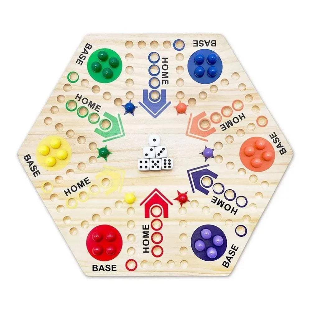 Marble Game Board - Double Sided Wooden Fast Track Board Game with 24 Marbles, 6 Dice & 6 Player Set