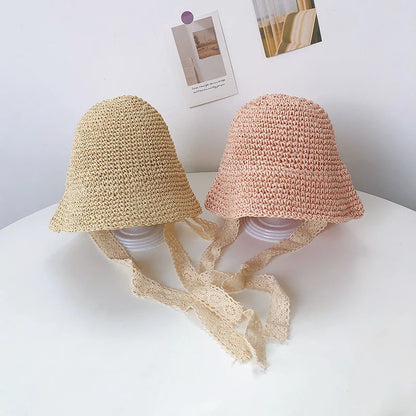 Summer Straw Baby Sun Hat – Lace Bow Panama Cap for Girls, Fashion Beach & Outdoor Travel Princess Bucket Hat for Kids UV Protection Bonnet
