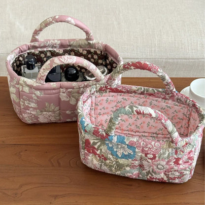 Quilted Fabric Desktop Storage Basket – Large Home Organizer for Snacks, Laundry & Miscellaneous Items, Garden Style Design
