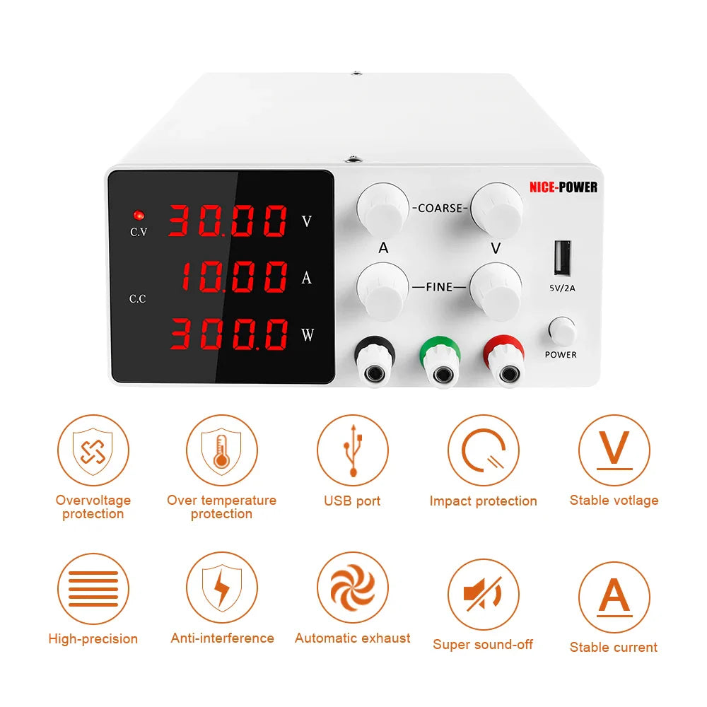 DC Programmable Power Supply — 30V 10A / 60V 5A / 120V Adjustable Laboratory Bench Source with 4-Set Memory Storage Functions