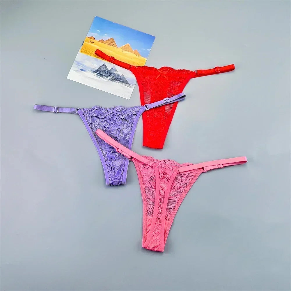 Women's Transparent Lace Thong Set - 3PCS Adjustable Low Waist Sexy T-Back Underwear