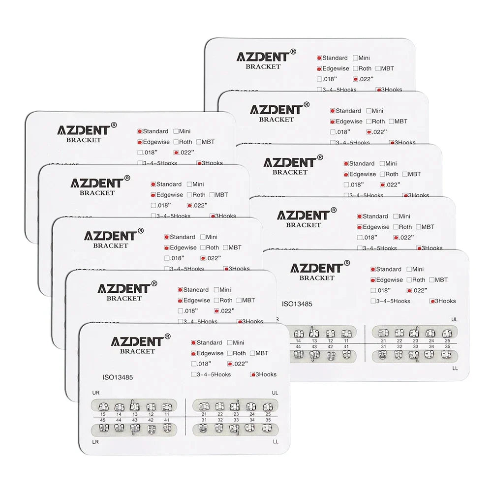 AZDENT 10 Packs Dental Brackets – Orthodontic Metal Mini Standard Roth MBT Slot 0.022/0.018 with Hooks, 20 Pcs per Pack