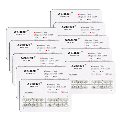 AZDENT 10 Packs Dental Brackets – Orthodontic Metal Mini Standard Roth MBT Slot 0.022/0.018 with Hooks, 20 Pcs per Pack