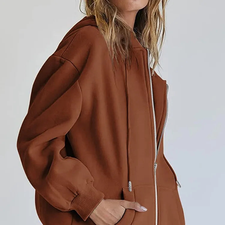 Women’s Gray Zip-Up Hoodie Sweatshirt – Autumn Winter Long Sleeve Jacket with Pockets
